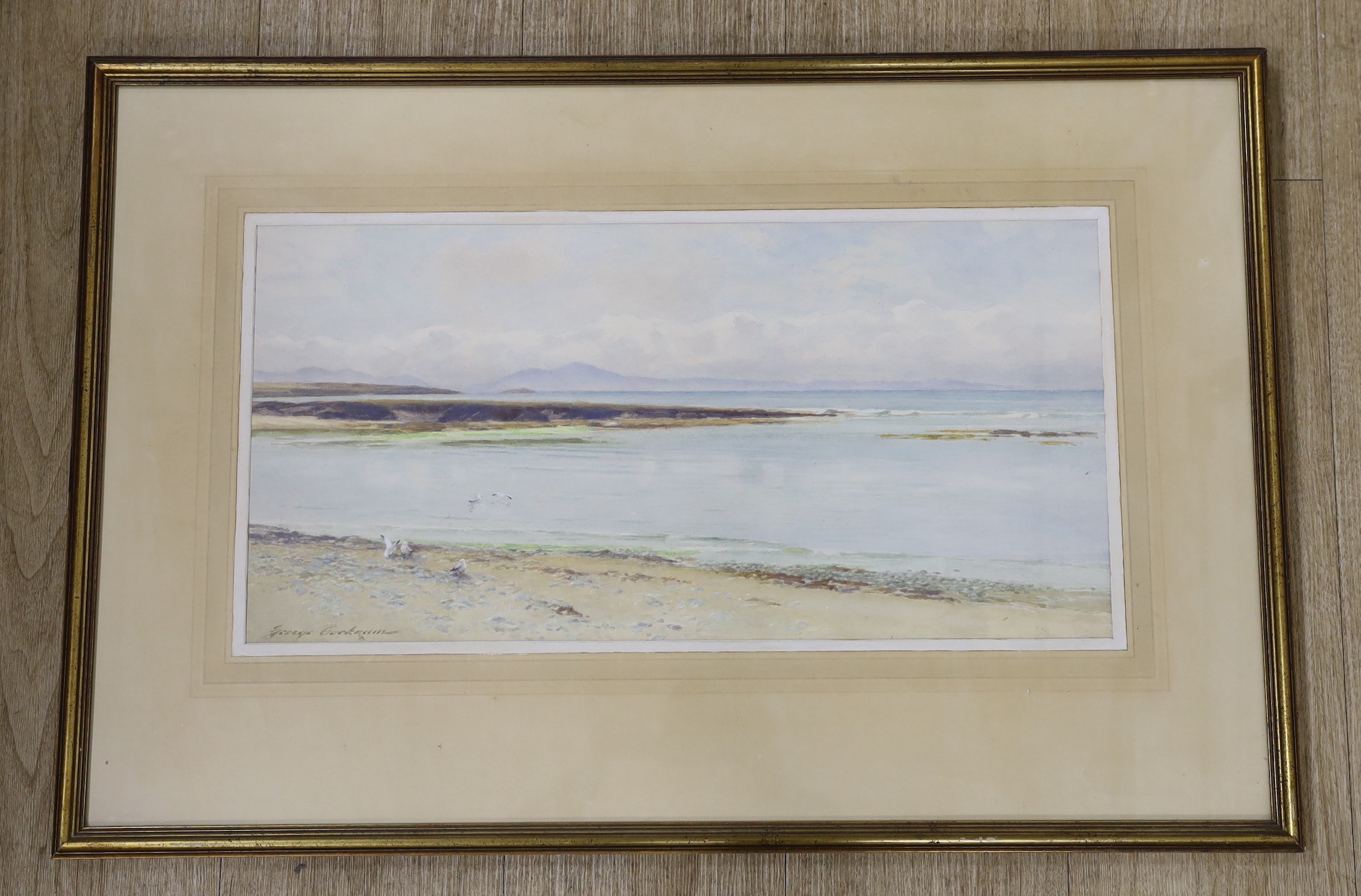 George Cockram (1861-1950), watercolour, Coastal landscape with gulls, signed, 27 x 55cm